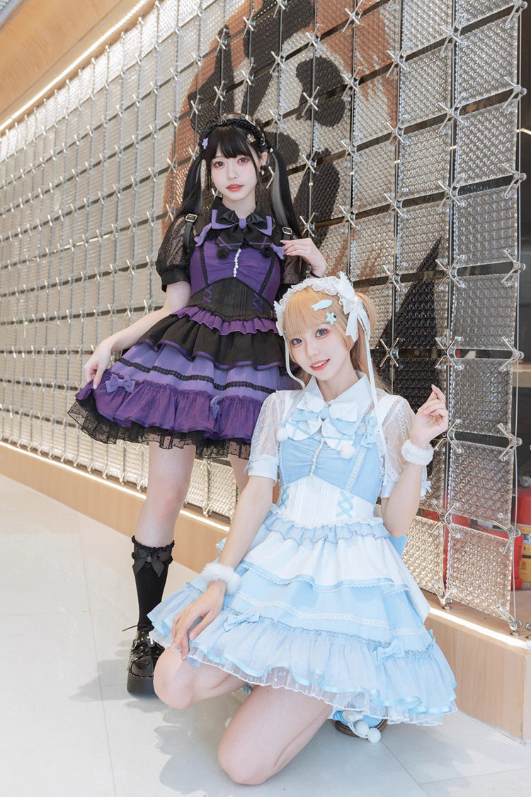 Blue/White Cotton Cloud Lapel Collar Ruffle Ribbon Lace-Up Girly Lolita JSK Dress