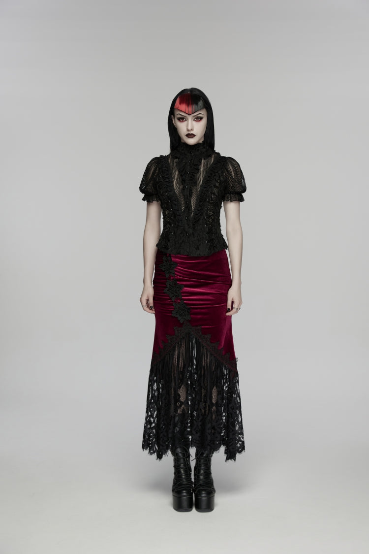 Crimson & Noir Embroidered Lace Fishtail Velvet Skirt with Slim Fit