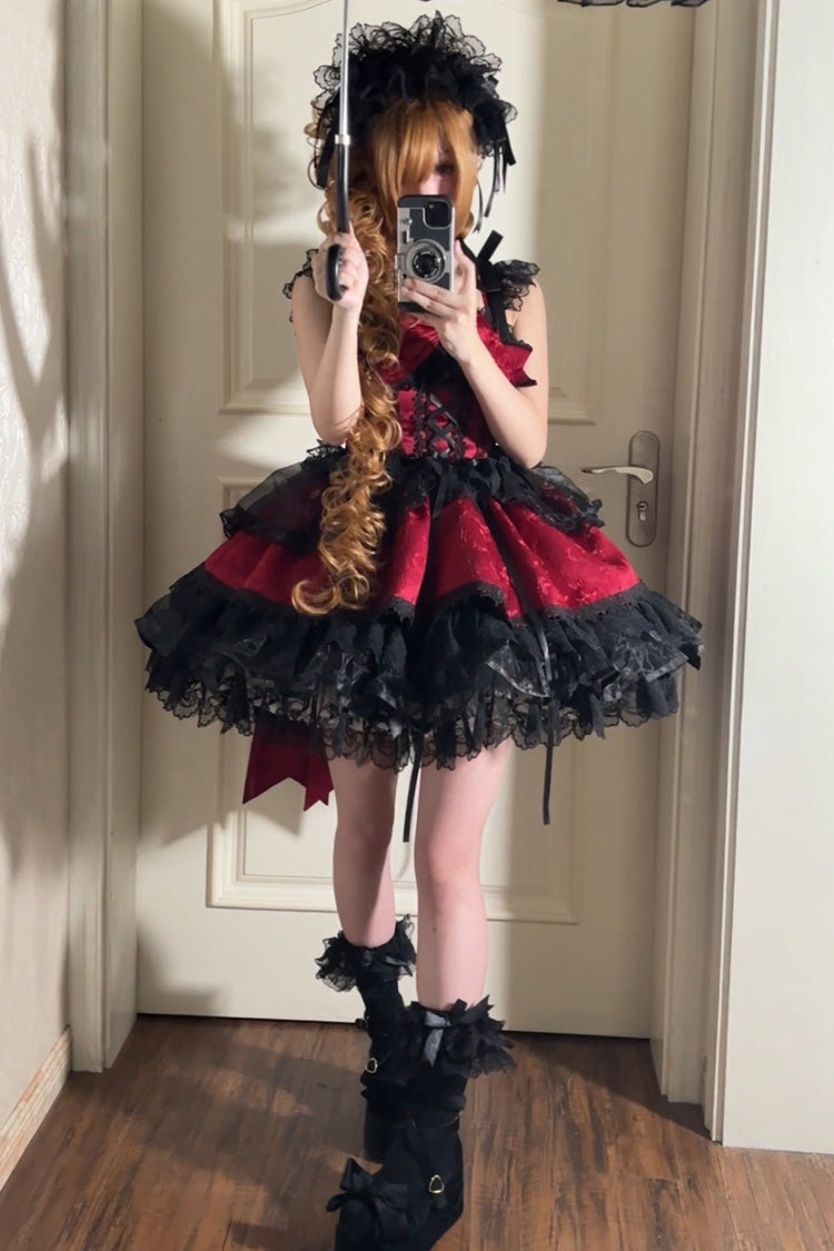 Red Sweet Ballet Lace Ruffle Sleeveless Bowknot Jsk Dress - Fleishi Island