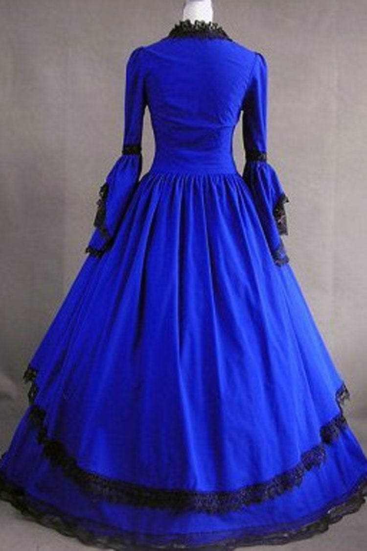 Dark Blue Cotton Gothic Lolita Dress Square Collar Long Sleeves Pleated - Altfashion Shop