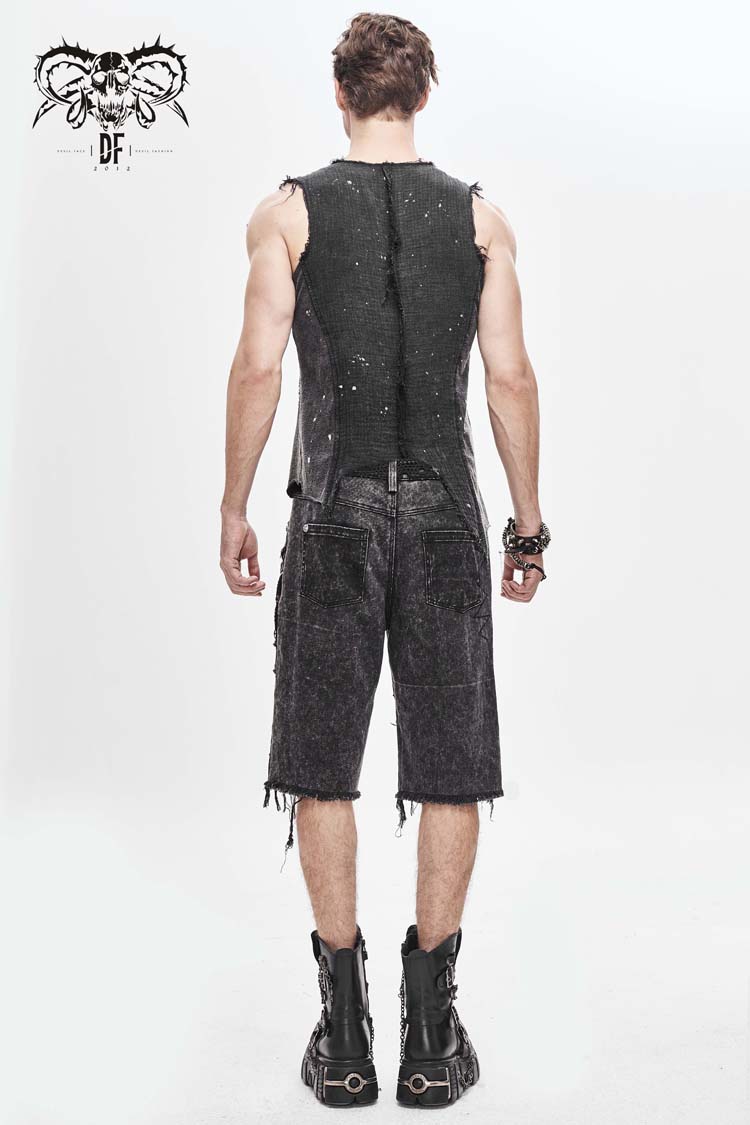 Sleeveless Buckle-Strap Punk Vest with Ripped Details