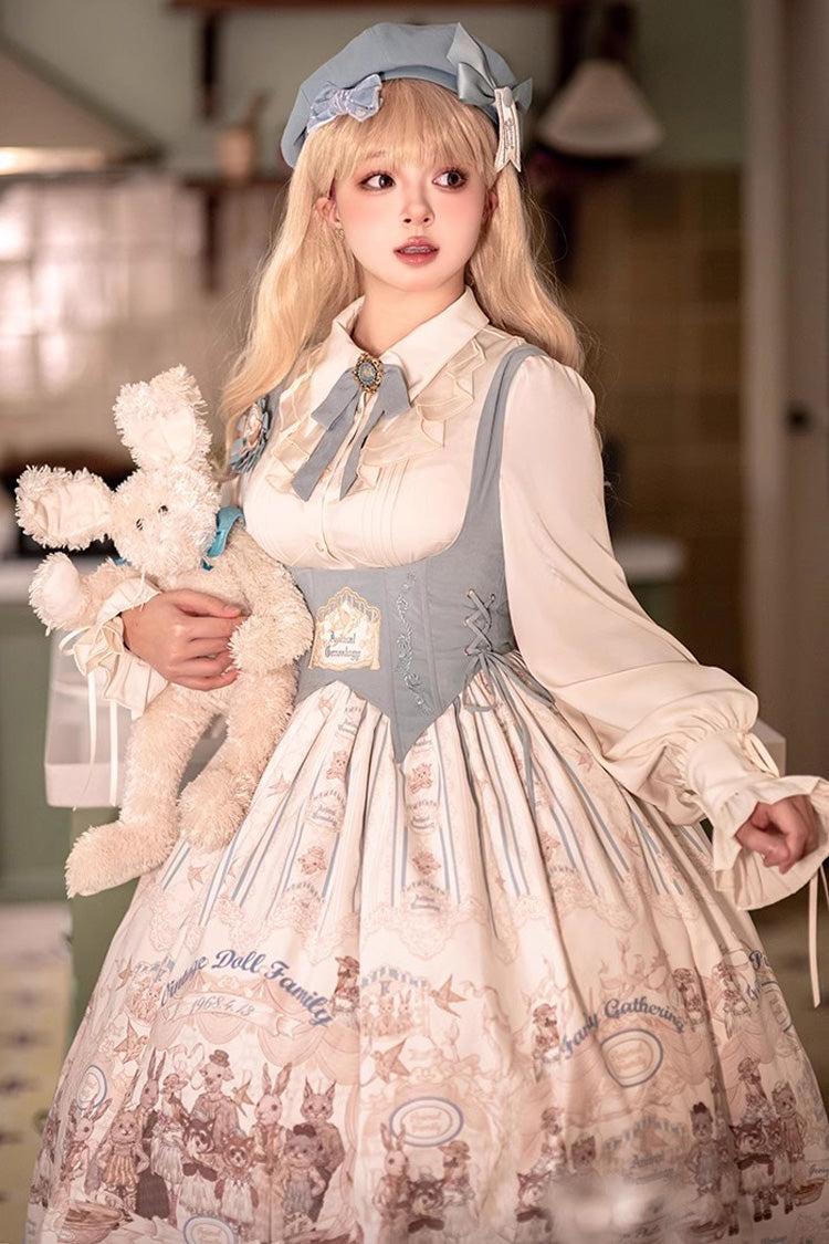 Dollhouse Print Long JSK Dress with Embroidery and Ruffles