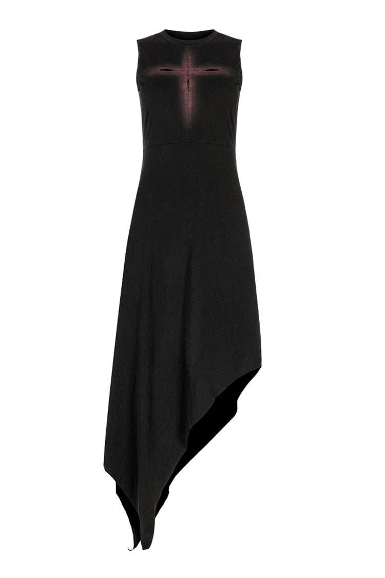 Hollowed Out Cross Spray-Painted Asymmetric Hem Sleeveless Gothic Dress