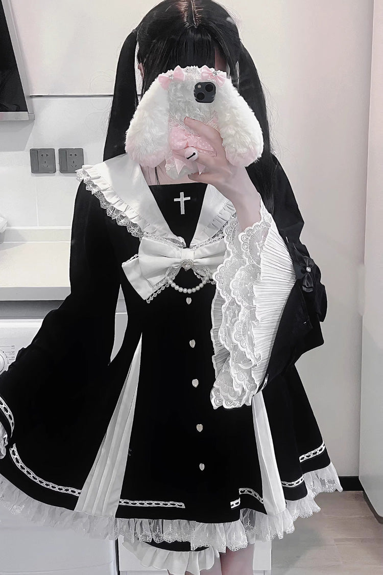 Sweet Square-Collar Bow Lace Pearl Jirai Kei Dress & Short Set