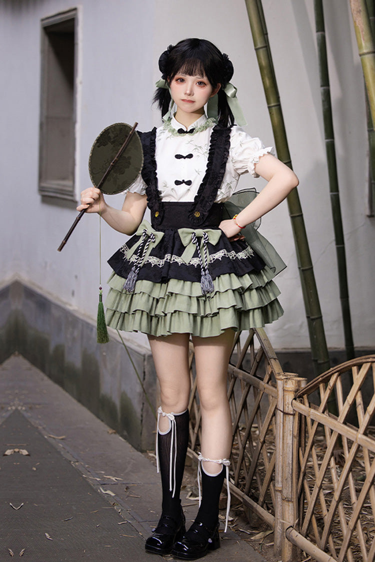 Bamboo Leaves Print Ruffle Bowknot Chinese Lolita Skirt Set