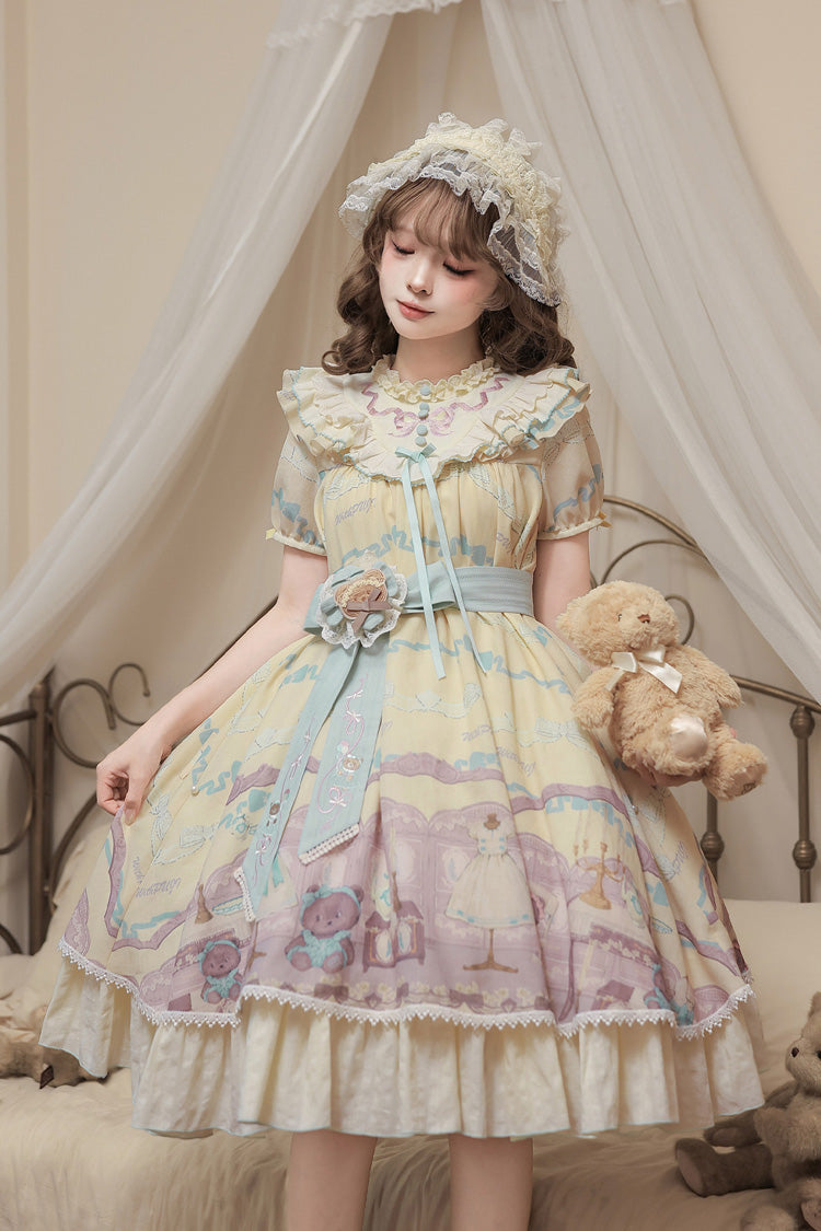 Brown Dollhouse Short Sleeves Bear Printed Ruffled Bow Sweet Lolita Dress Set - Yellow