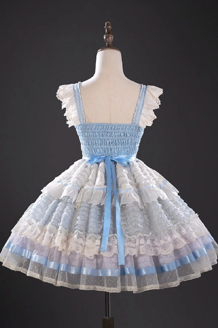 Moonstone Sleeveless Ruffle Embroidery Bow Lace Fishbone Princess Dress in Blue