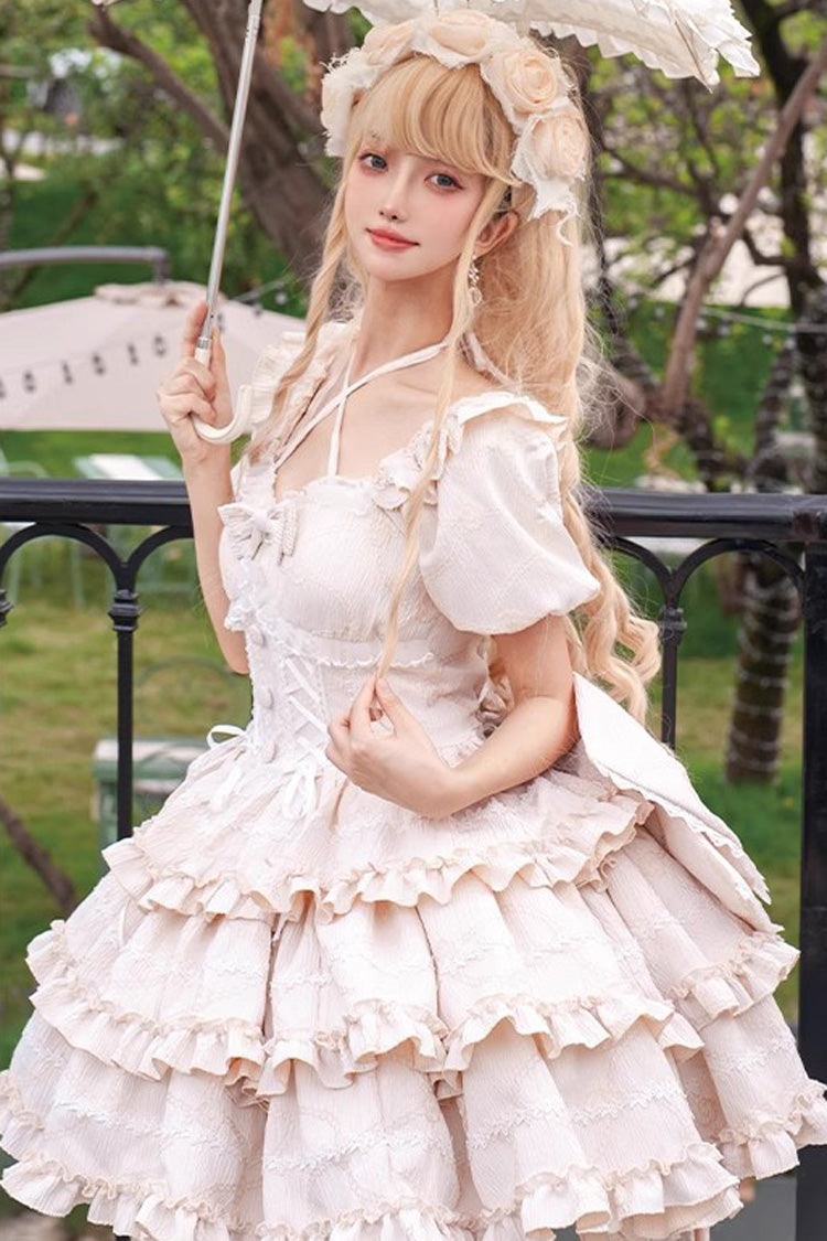 Champagne Square Collar Short Sleeve Triple Ruffle Bow Sweet Lolita Dress