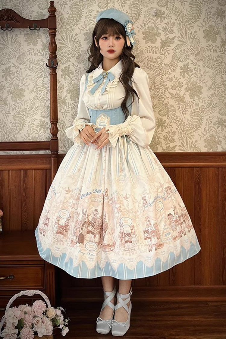 Dollhouse Print Long JSK Dress with Embroidery and Ruffles