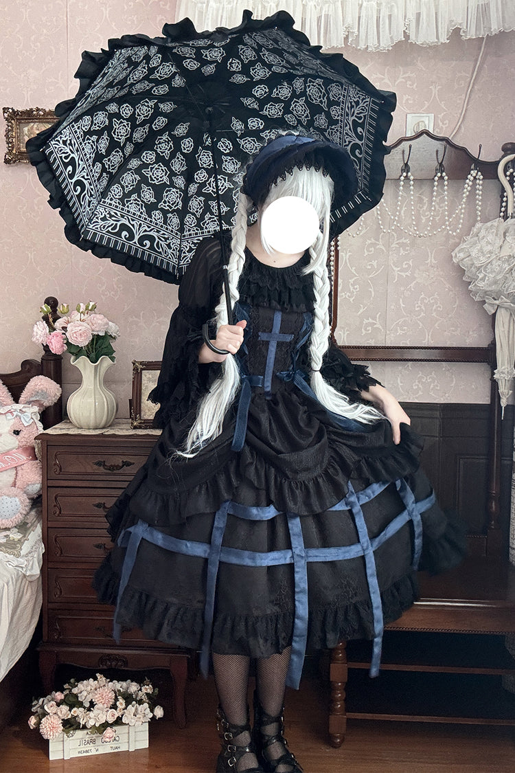 Sleeveless Printed Ruffled Bow Lace-Up Gothic Elegant Jsk Dress - Two Colors