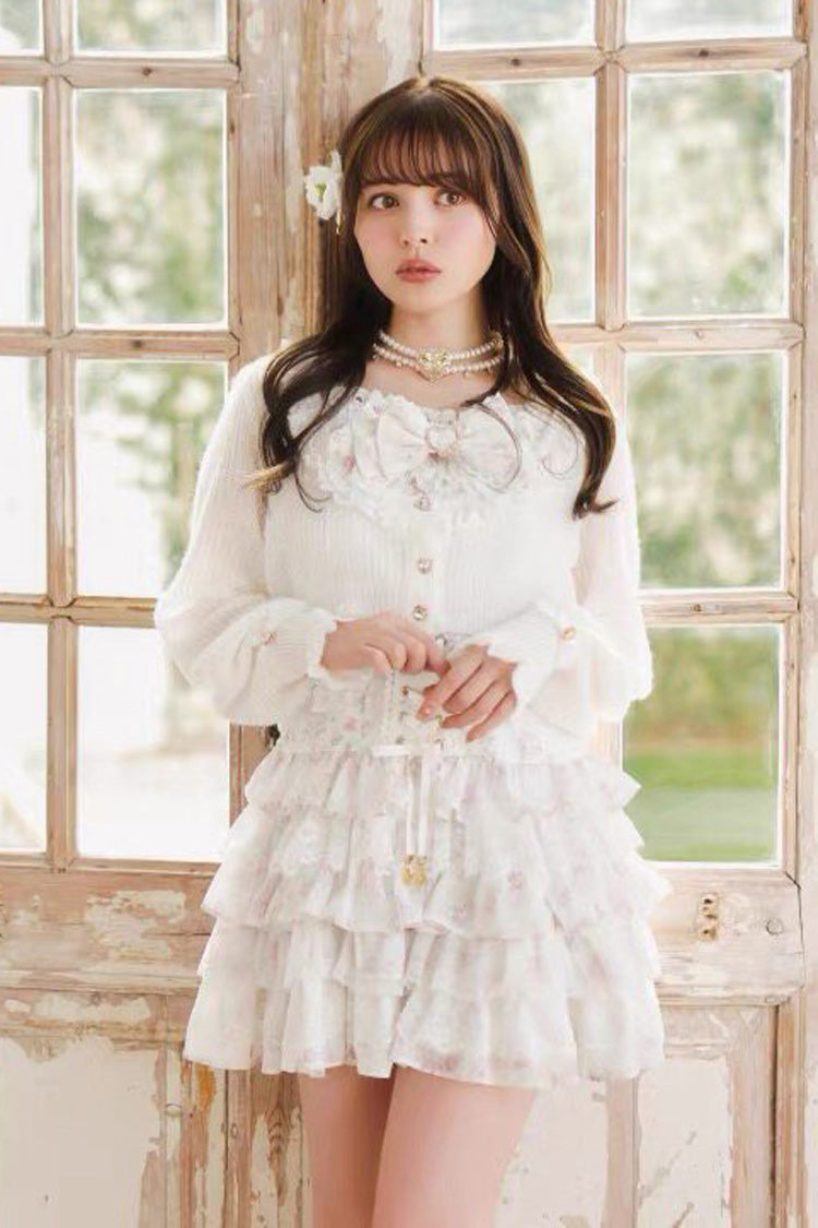 Multi Layered Ruffled Bow Print Long Sleeve Jirai Dress in Three Shades