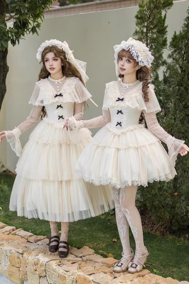 Elegant Sweet Lolita Dress with Edwardian Collar and Ruffled Bow - Ivory