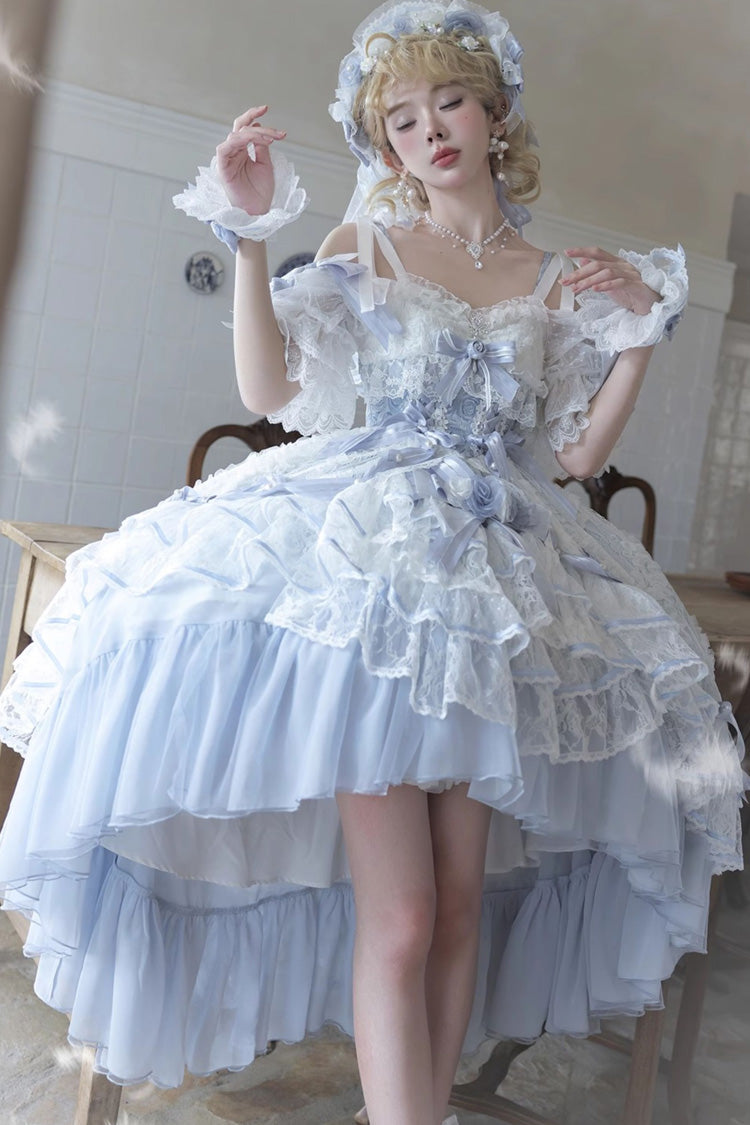 Blue Diane Rose Short Sleeve Jacquard Ruffle Cardigan Bow Lace Sweet Lolita Dress