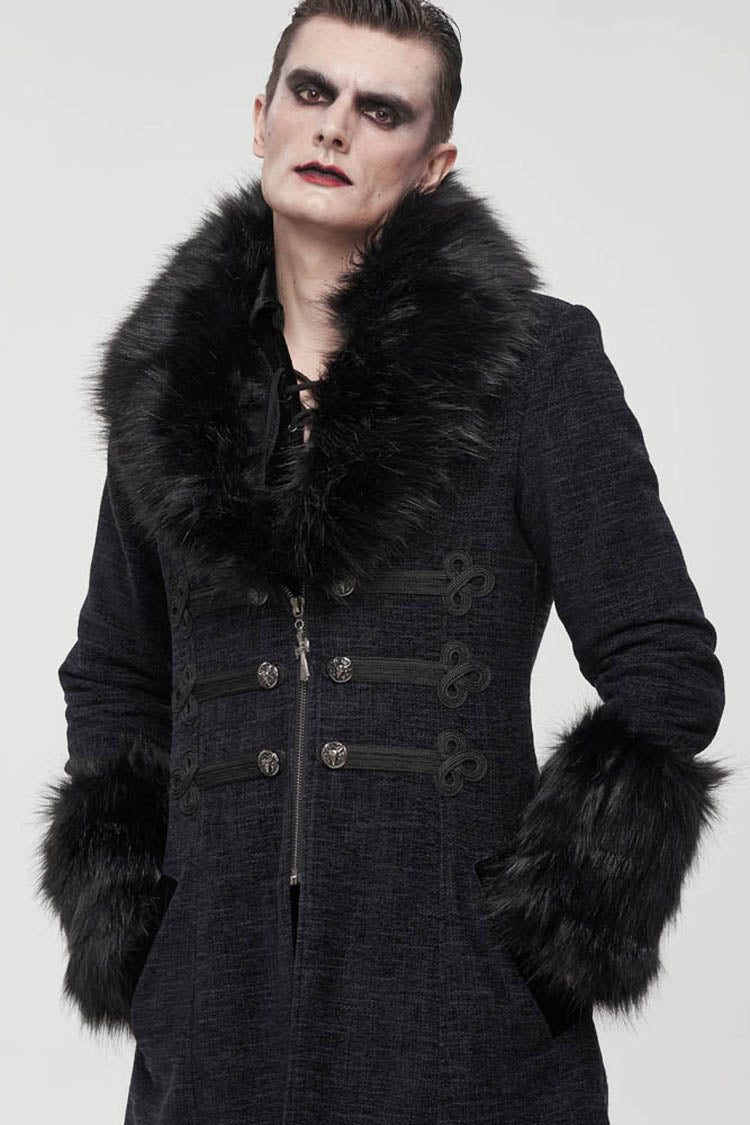 Gothic Men's Coat with Removable Fur Collar, Button Accents