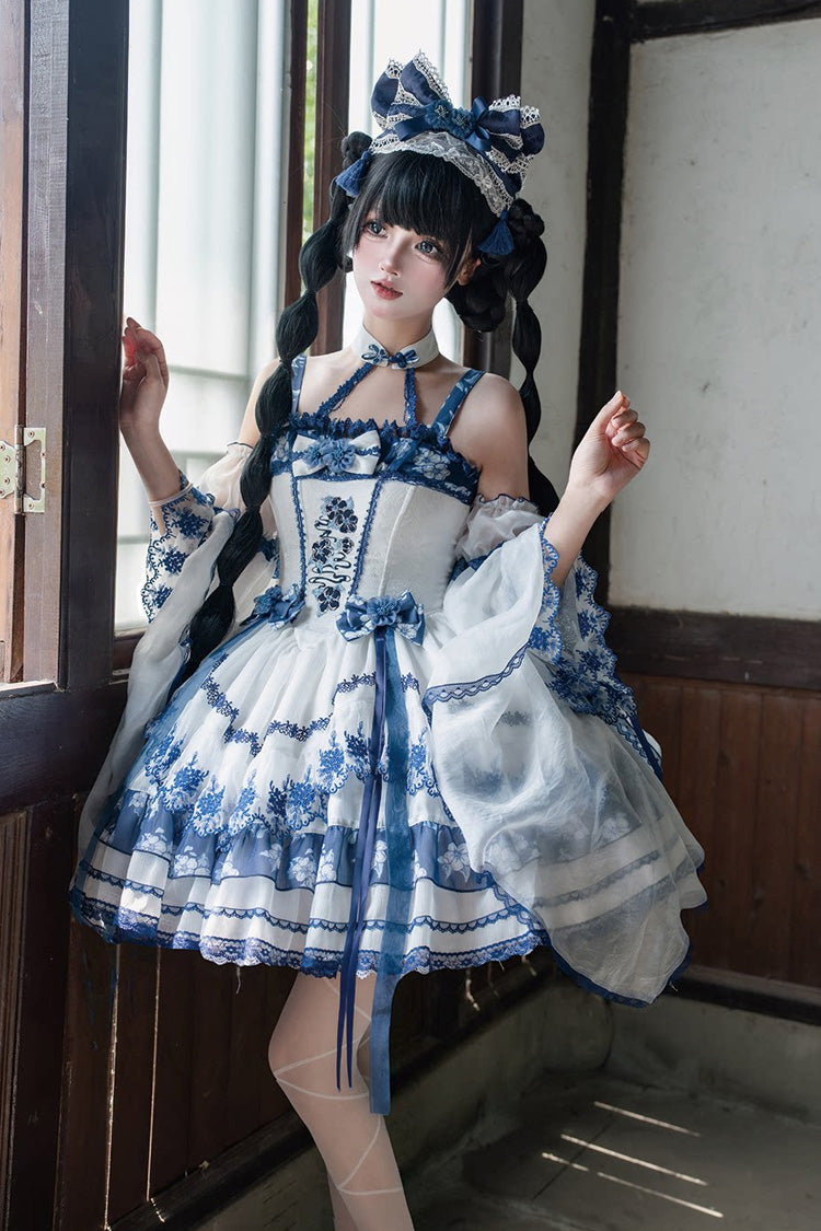 Chinese Inspired Lolita Dress with Off Shoulder and Embroidery - Misty Qingdai, 2 Shades