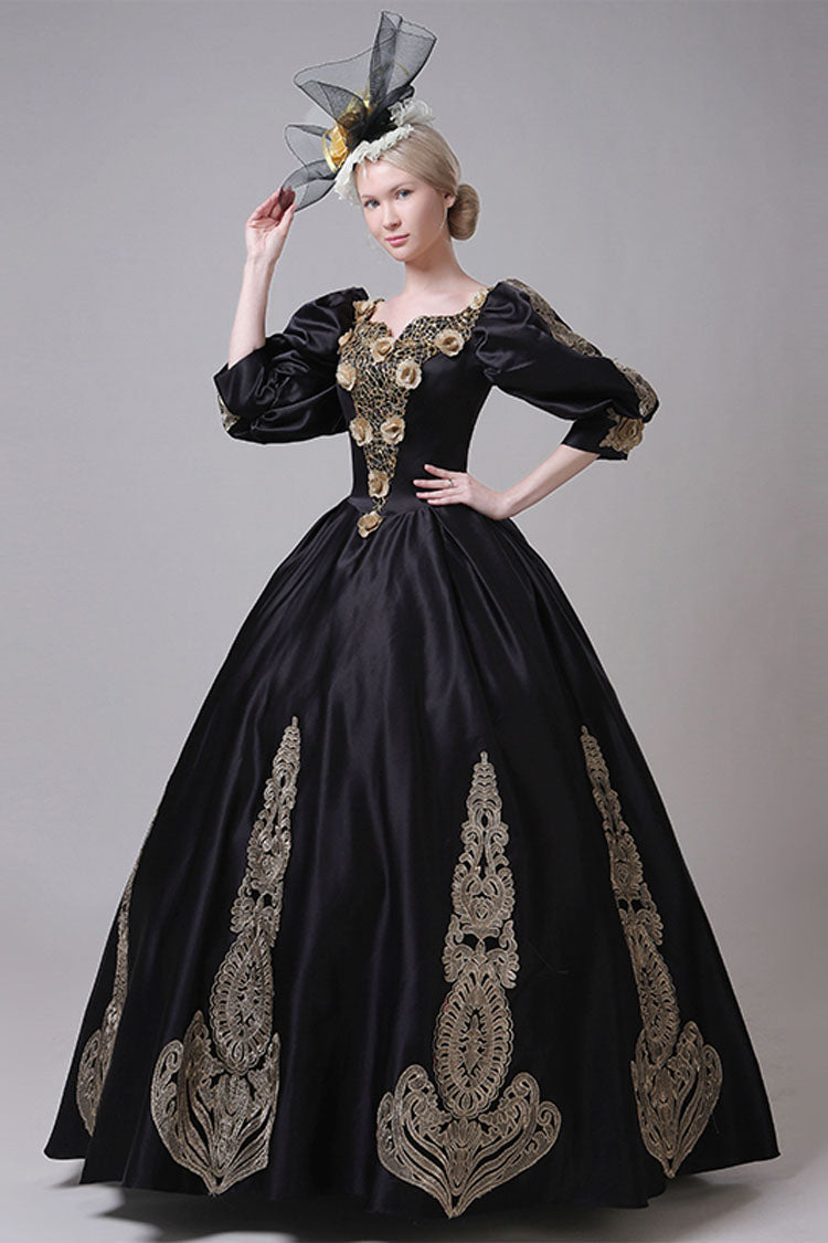 Boat Neck Half Sleeves High-Waist Gold Floral Hollow Print Victorian Lolita Ball Gown
