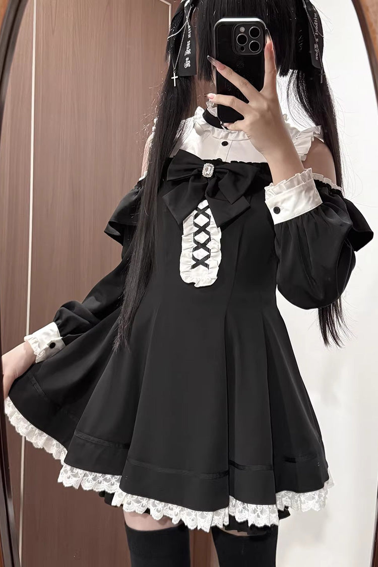 Monochrome Off-Shoulder Ruffle Jirai Kei Dress Ensemble