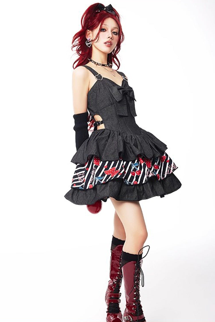 Triple-Layered Denim Print Ruffle JSK in Black