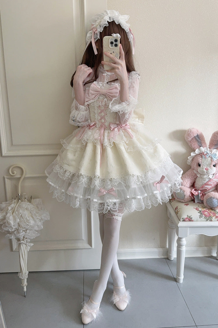 Apricot Sweet Ballet Lolita JSK Dress with Sleeveless Ruffles Bowknot Lace and Slim Fit