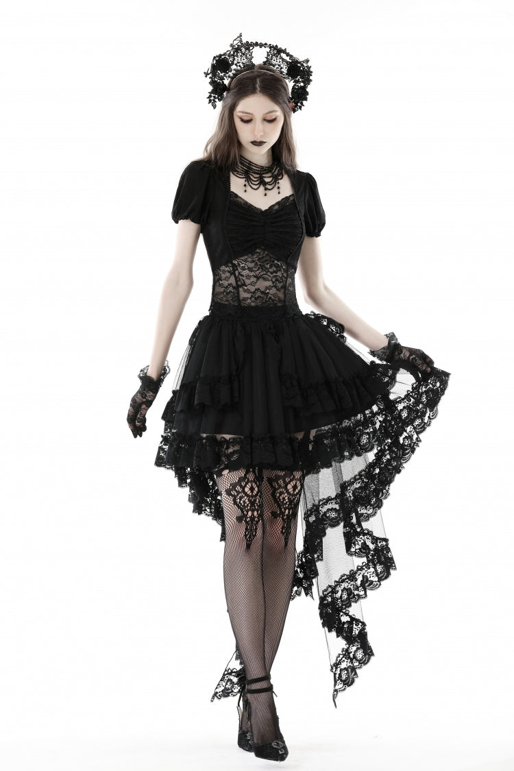 Gothic Swallow Tail Skirt with Irregular Lace Ruffles, Black