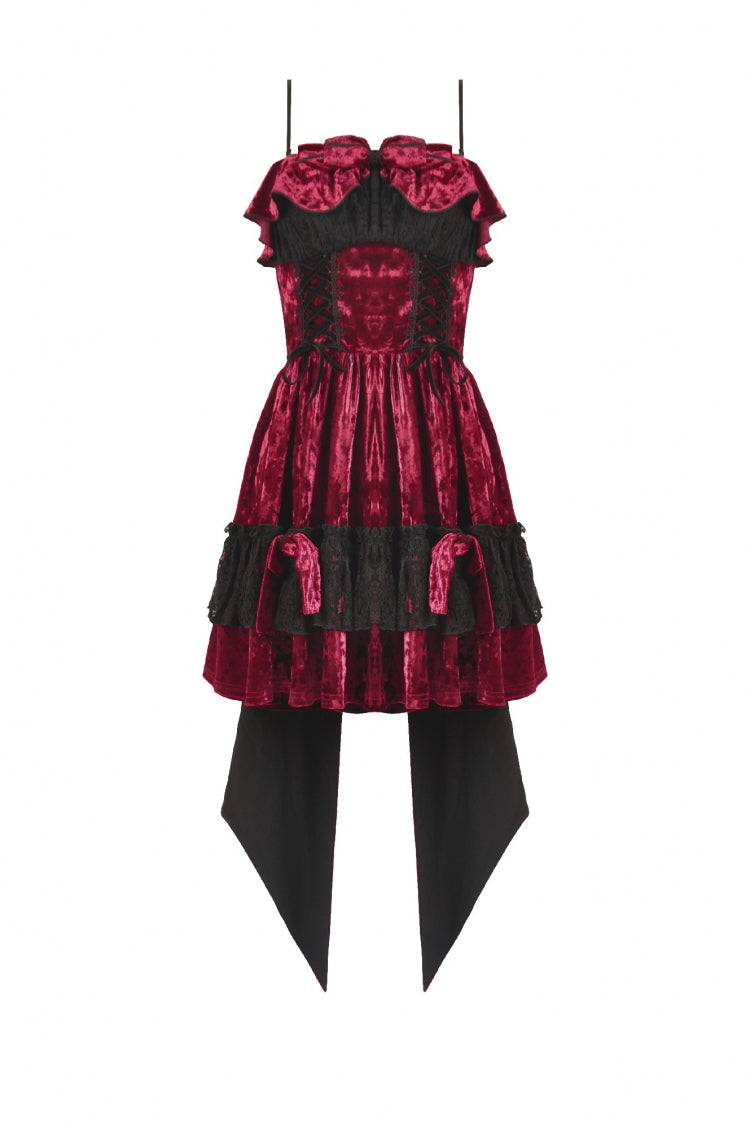 Wine Red Corset Lace-Up Velvet Irregular Tail Lolita Gothic Mini Dress