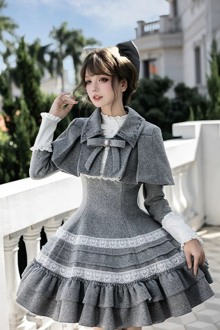 Classic Elegant Lolita Dress with Stand Collar and Ruffled Bow - Grey