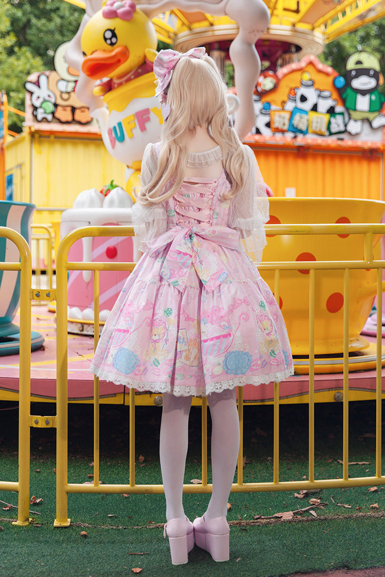 Pink Sleeveless Sweet Lolita JSK Dress Square Collar Bow Print - Macarons Dolly House
