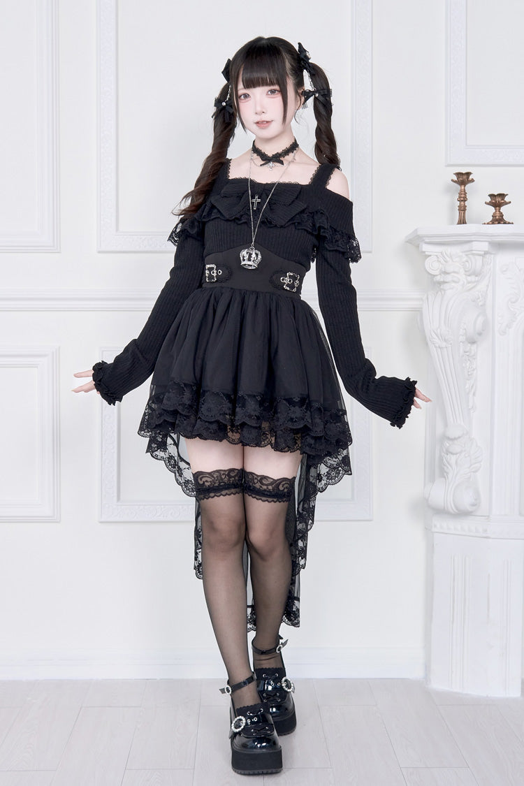 Faux Two Piece Off Shoulder Ruffle Bowknot Lace Gothic Jirai Dress in Two Shades
