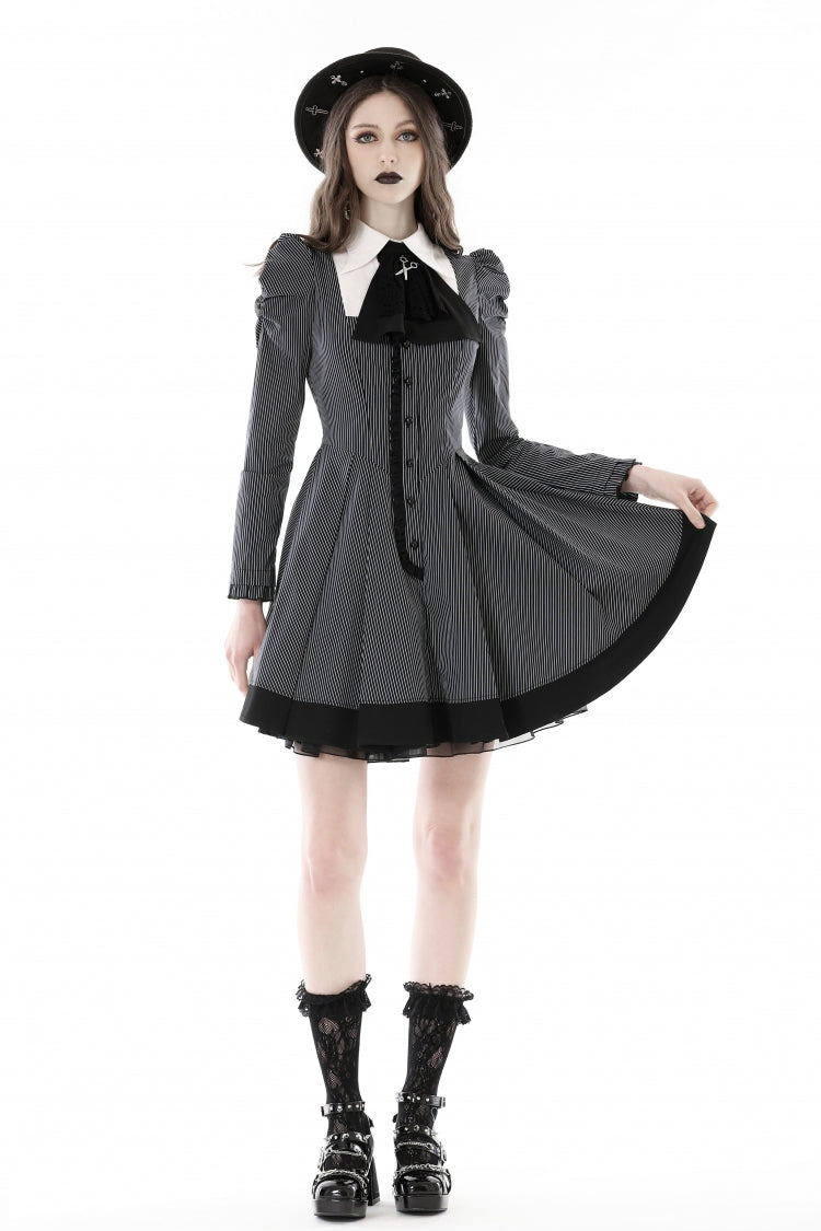 Lapel Collar Long Puff Sleeves Striped Preppy Gothic Dress