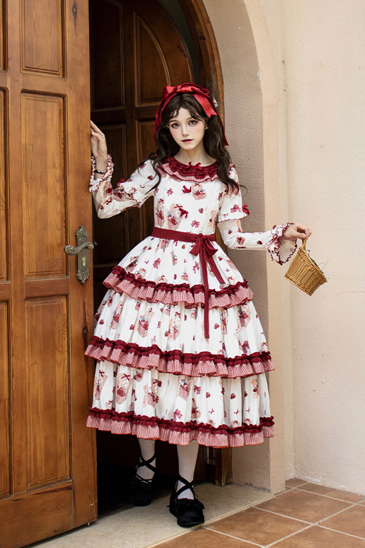 Blush Pink & White Berry Farm Print Long-Sleeve Layered Ruffled Sweet Lolita Gown