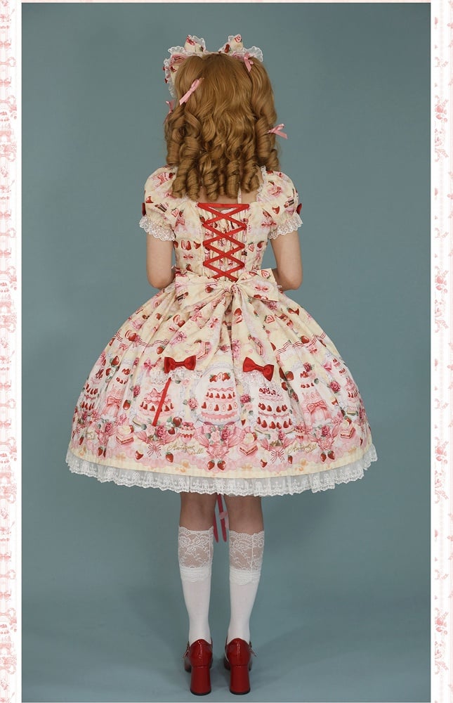 Yellow Full Lolita Set Print Strawberry Sweet Cake Accents Bow Dress /