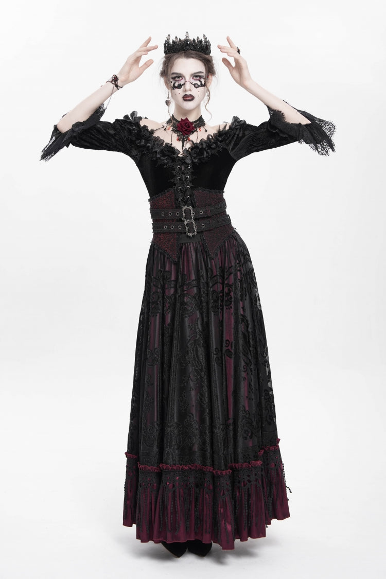 Scarlet Jacquard Embroidered Long Gothic Skirt with Buckle and Tassels