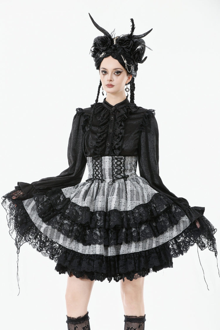 High Waist Lace-Up Ruffled Layered Hem Skirt - Lolita