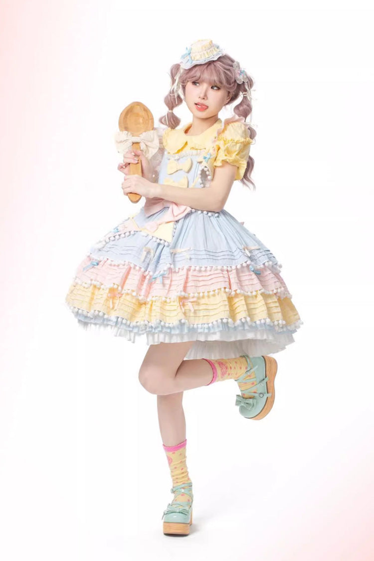 Blue Pink Yellow Sweetheart Macaron Ice Cream Multi-Layered Sweet Dress