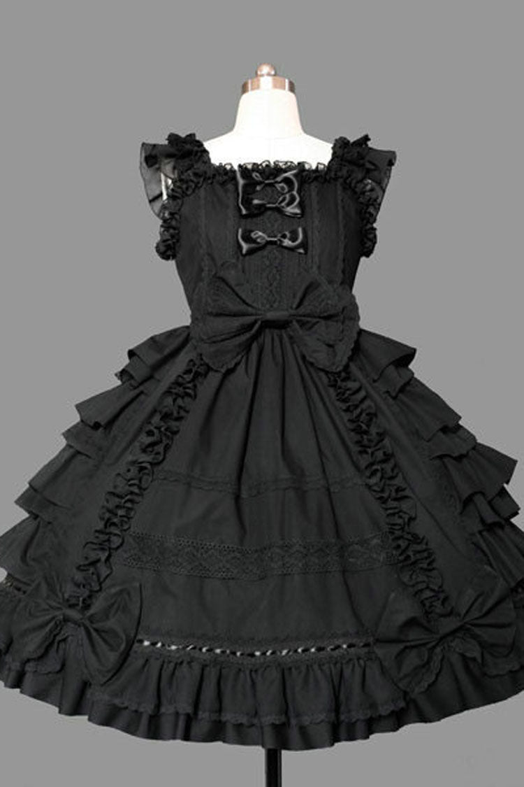 Square Neck Cap Sleeve Knee Length Ruffled Bowknot Gothic Lolita Dress Lace