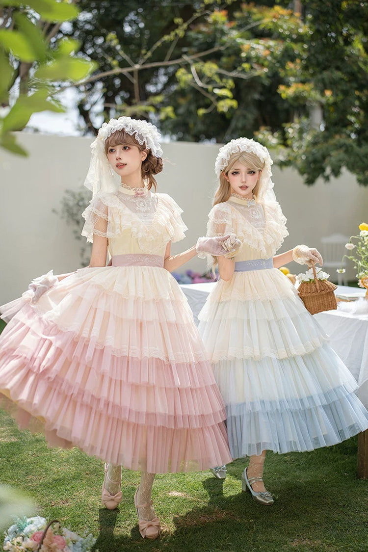 Sweet Lolita Dress with Edwardian Collar and Ombre Ruffles - Blue
