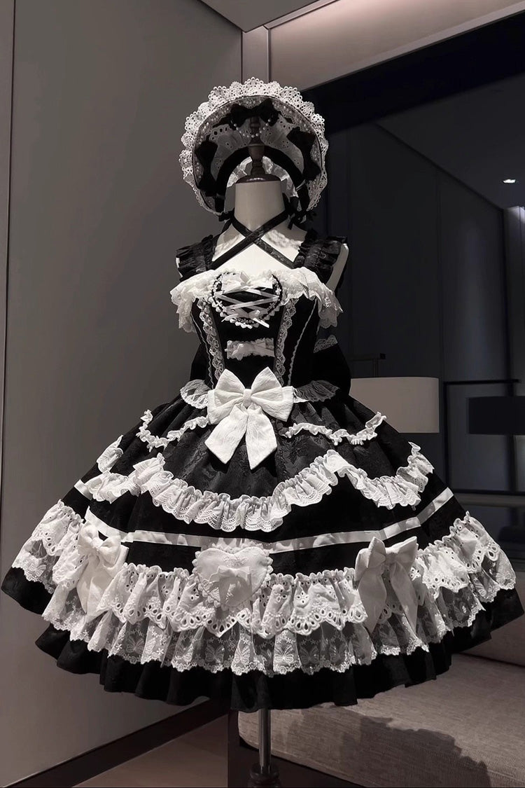 Black/White Super Cute Belia Sleeveless Triple-Layered Ruffled Bow Lace Gothic Elegant Lolita JSK Gown