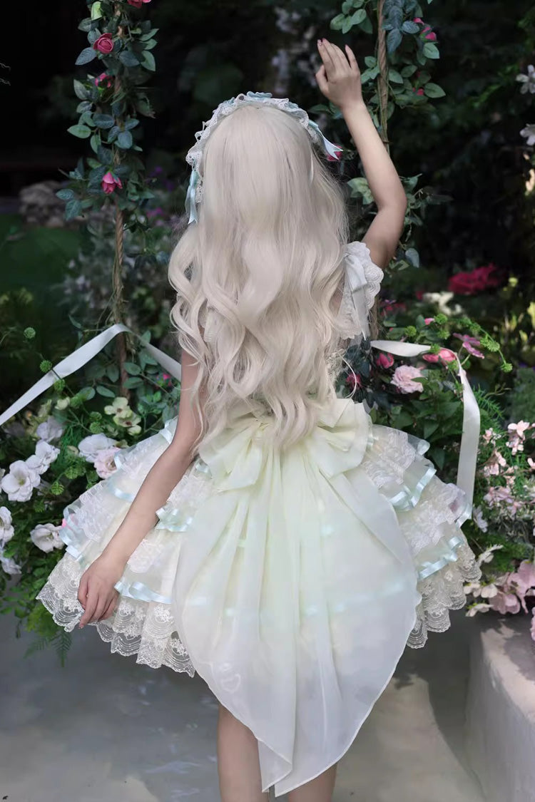 Emerald Rose Feather Waltz Sleeveless Triple-Layer Ruffle Bow Lace Ballet Lolita JSK