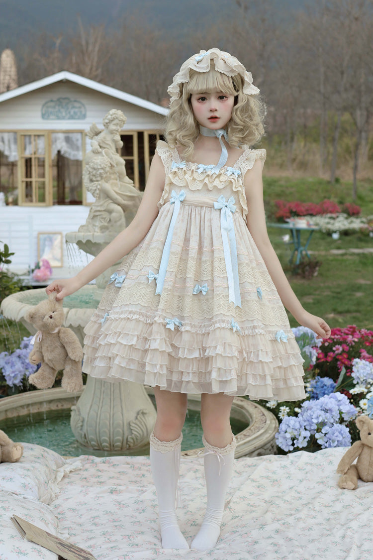 Beige Little Wind Chime Sleeveless Multi-Tiered Printed Ruffled Bow Lace Sweet Elegant Princess Lolita Jumper Dress