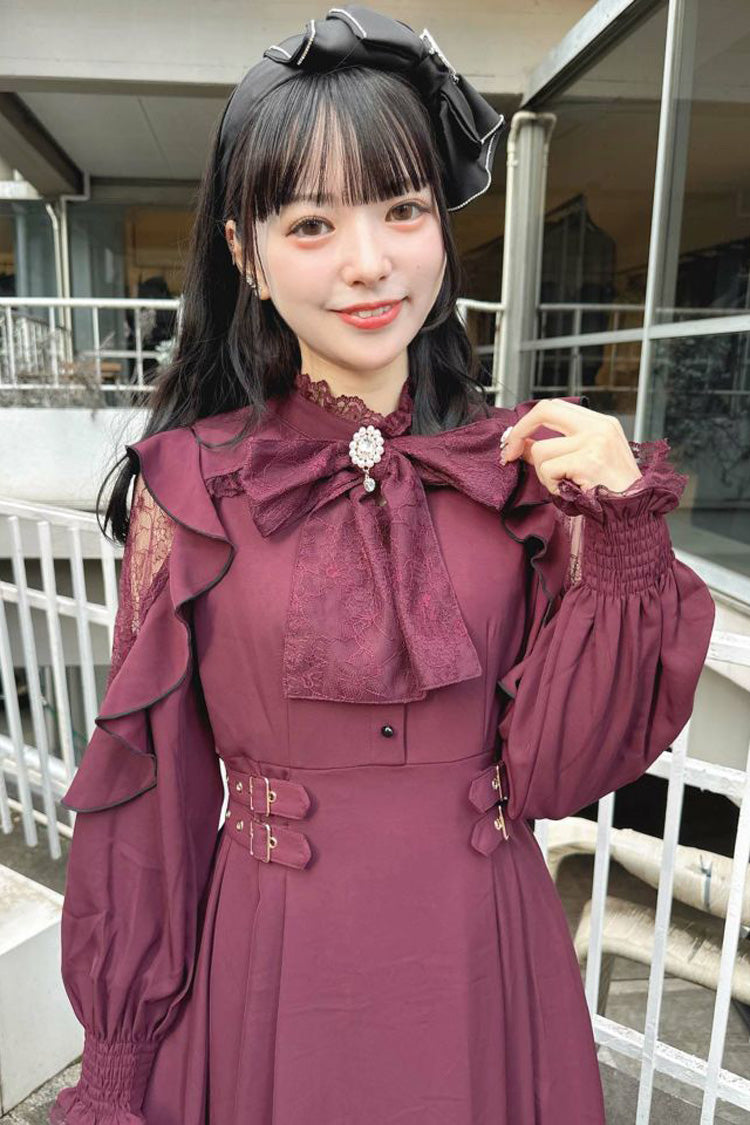 Jirai Kei Off Shoulder Dress - Stand Collar, Hollow Bow