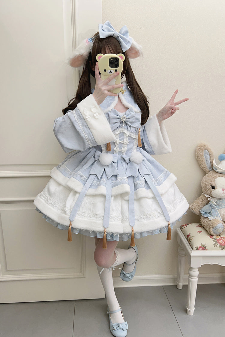 Sweet Two-Piece Dress with Ruffle Sleeves in Blue