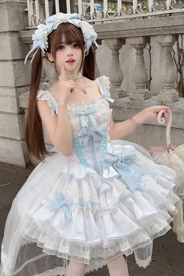 Blue/White Clouds and Mist Multi-Layered Ruffle Ribbon Lace Girly Princess Lolita JSK Gown