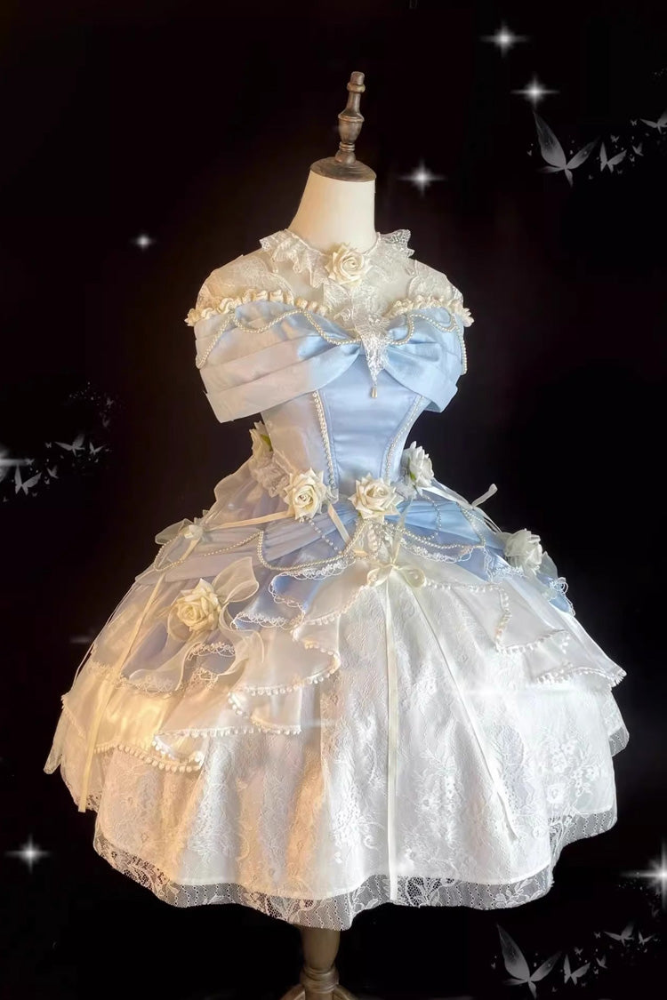 Cerulean Off-Shoulder Sweet Lolita Cardigan Dress with Bow Accents