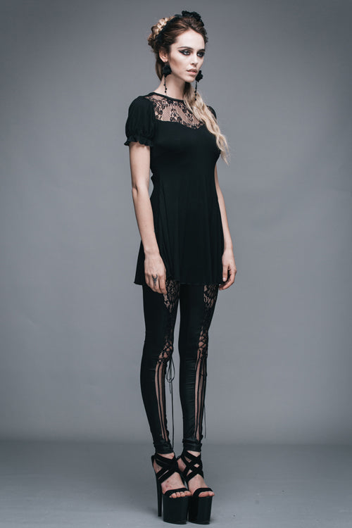 Lace Neck Short Sleeve Mid-Length Gothic Women's Tee