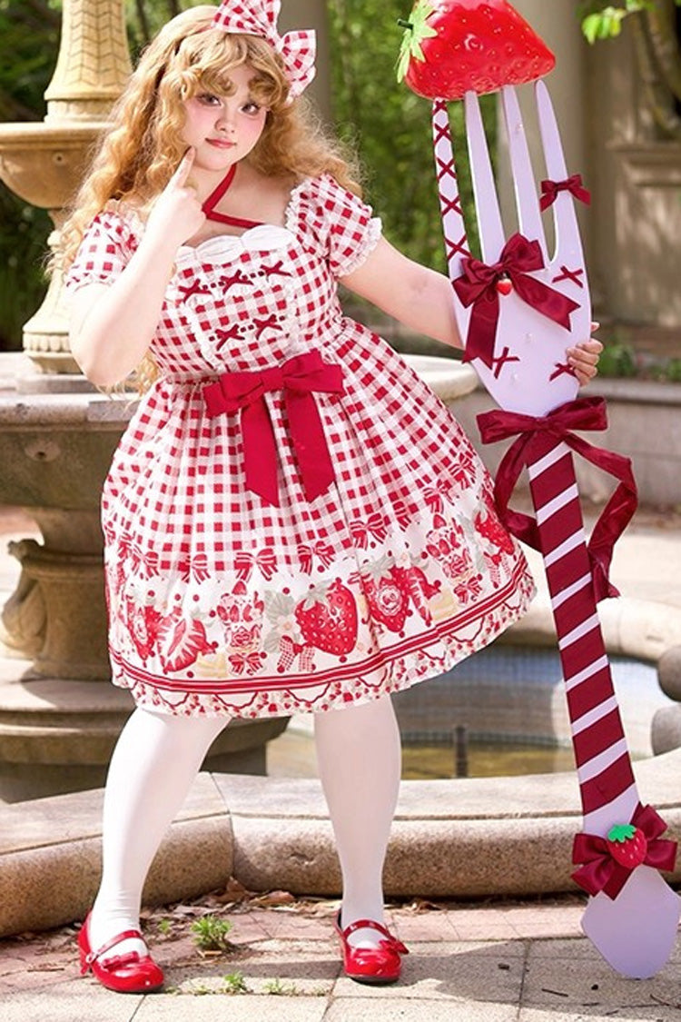 Strawberry Plaid Print Bowknot Sweet Plus Size Princess Red Short Sleeves Dress