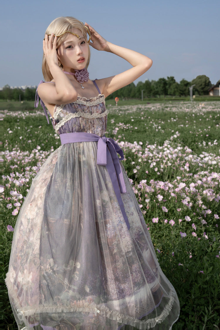 Violet Shaded Blossoms Oil Painting Sleeveless Printed Ruffled Bow Lace JSK