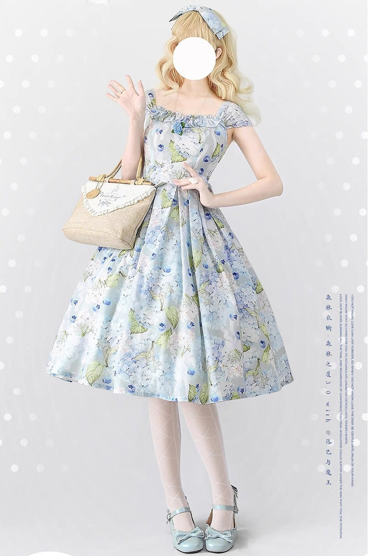Blue Forest Basket Hydrangea Bowknot Chiffon Elegant Jsk Dress