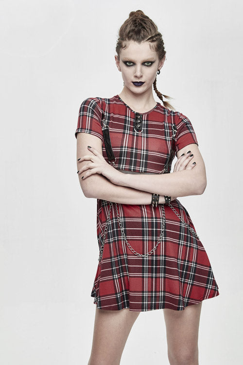 Plaid Mesh Stretchy Mid-Length Scottish Chains Gothic Dress
