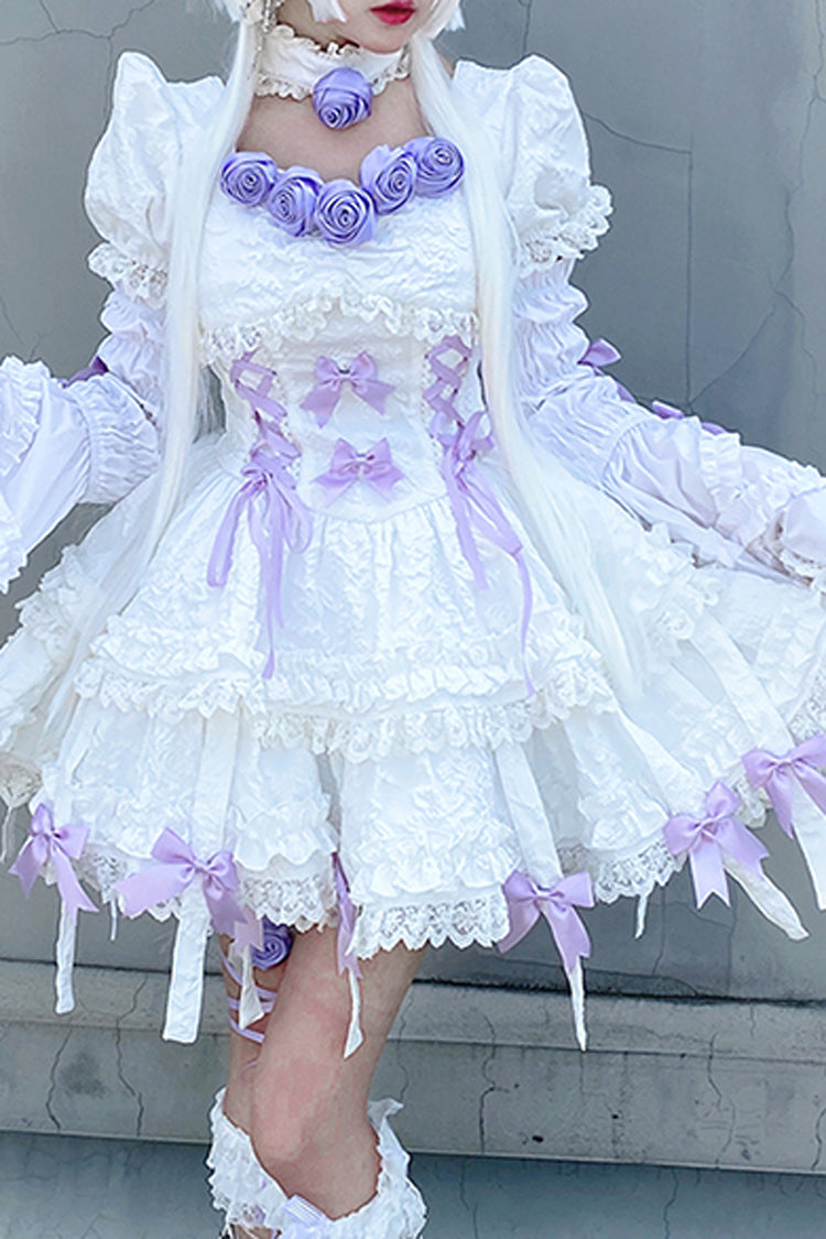 Ivory and Purple Puffed Short Sleeve Princess Gothic Lolita Tiered Dress