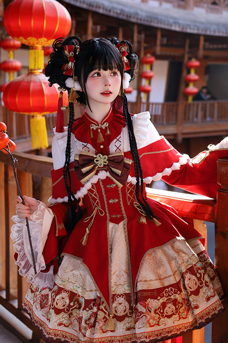 New Year Red Print Ruffle Bowknot Lace-Up Sweet Chinese Style JSK Dress